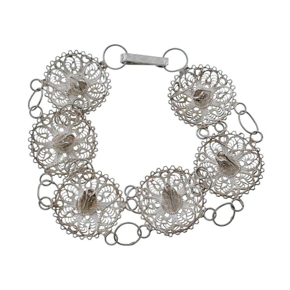 Vintage Sterling Silver 925 Filigree Sombrero Link Bracelet 7.75"